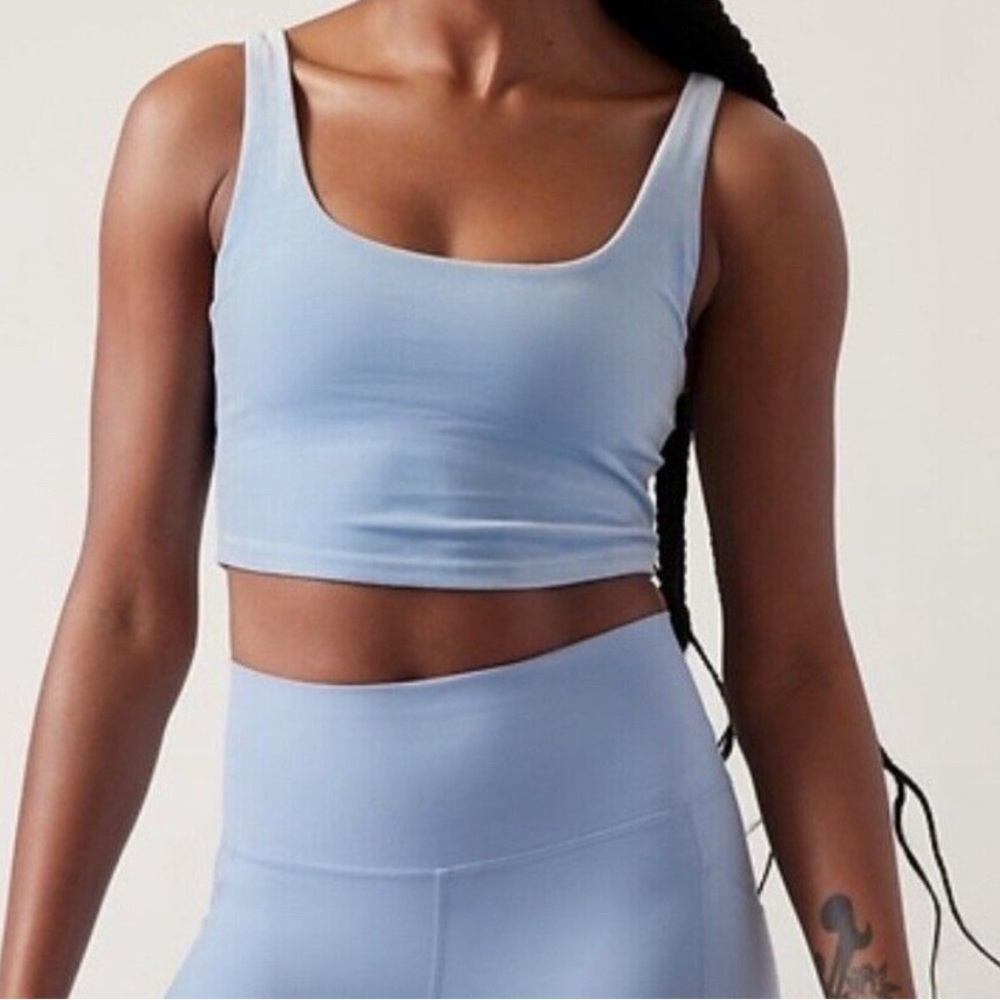 Athleta Light Blue Plush Velvet Cut Out Crop Scoop Shelf Bra Tank size Medium - Picture 2 of 7